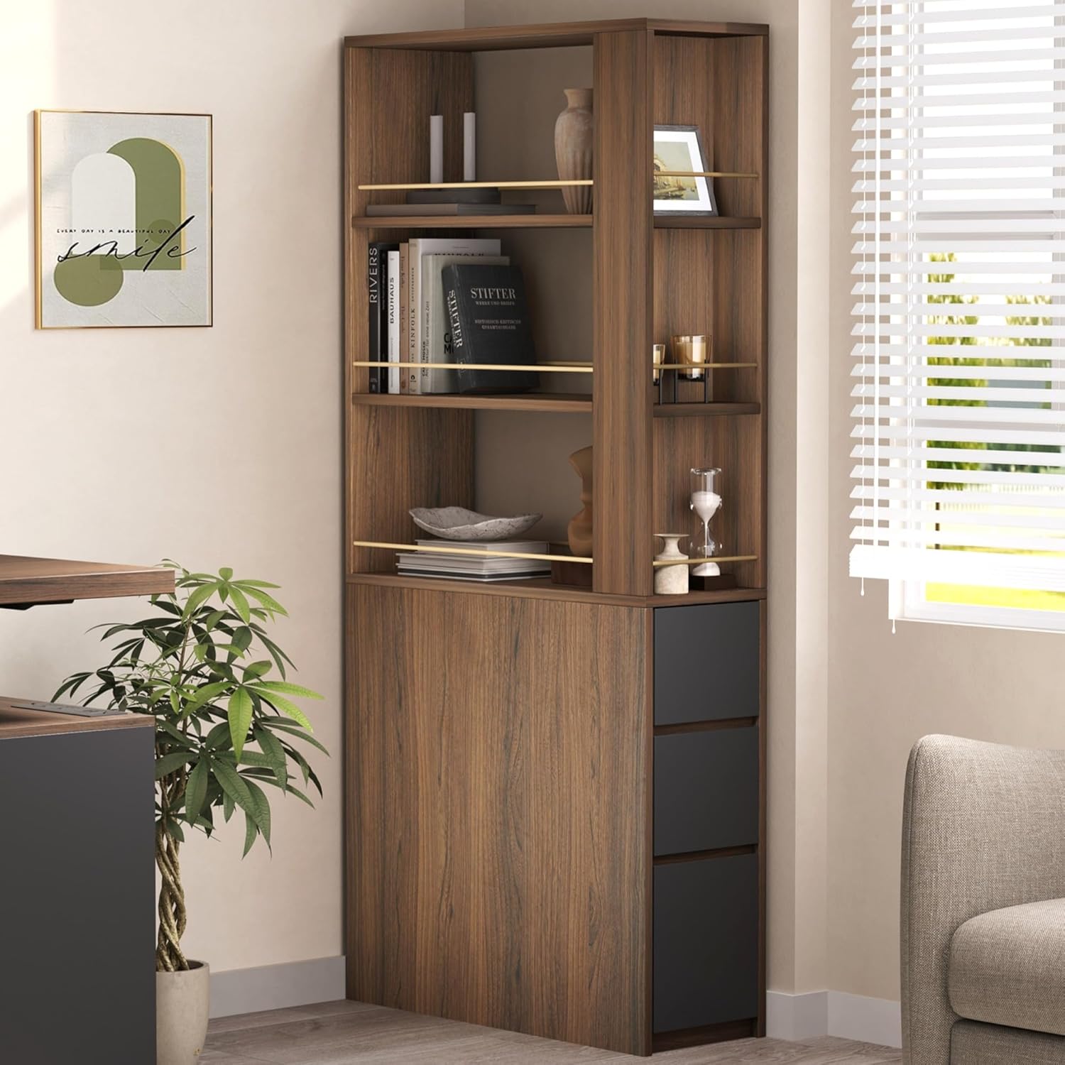 Office Furniture For Small Spaces - 71 inç Köşe Kitaplık, 3 Çekmeceli,