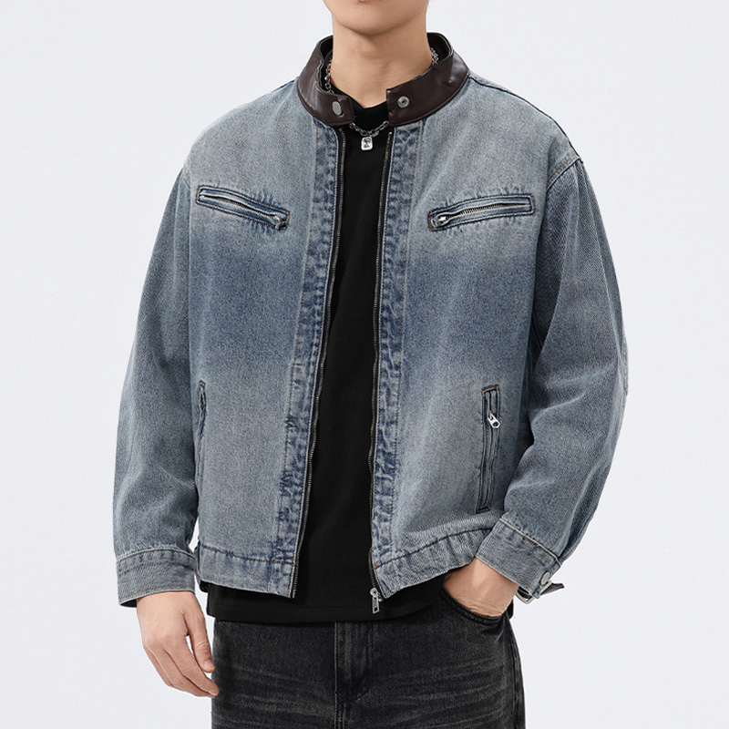 Coat Rack Standing - Standı Deri Yaka Denim Ceket Erkekler